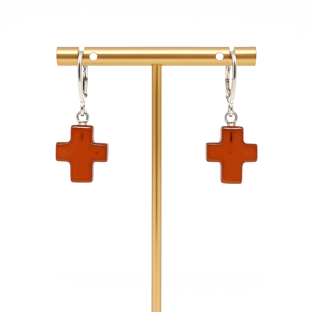 Třenově jantarové náušnice Cross (pravý jantar, stříbro)