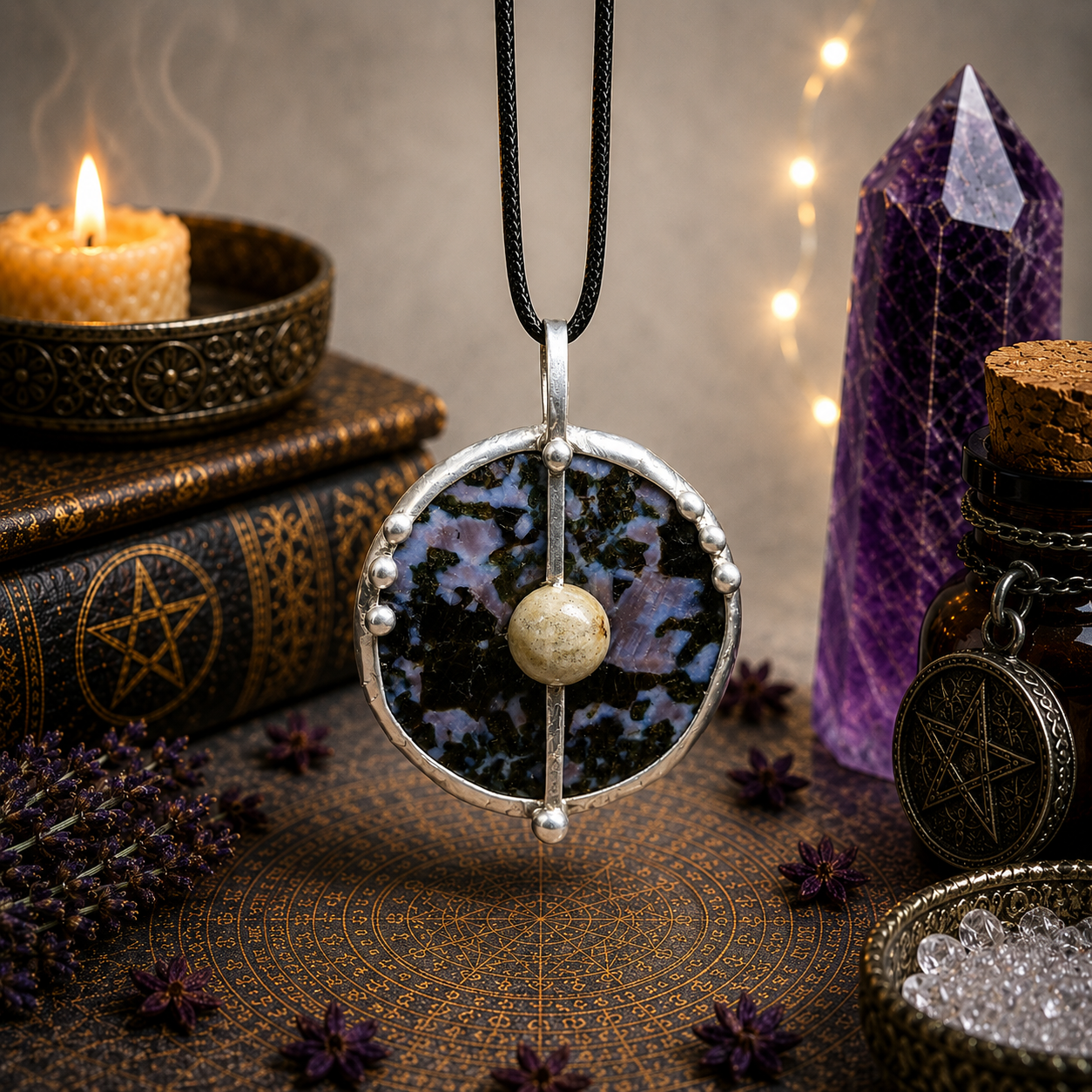 Cínovaný merlinit s labradoritem (ochranný talisman)