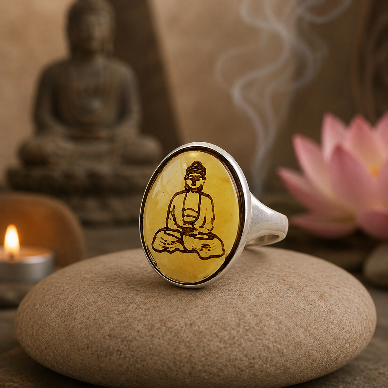 Nastavitelný masivní stříbrný prsten s jantarem - Buddha (hlubotisk) (pravý jantar, stříbro)