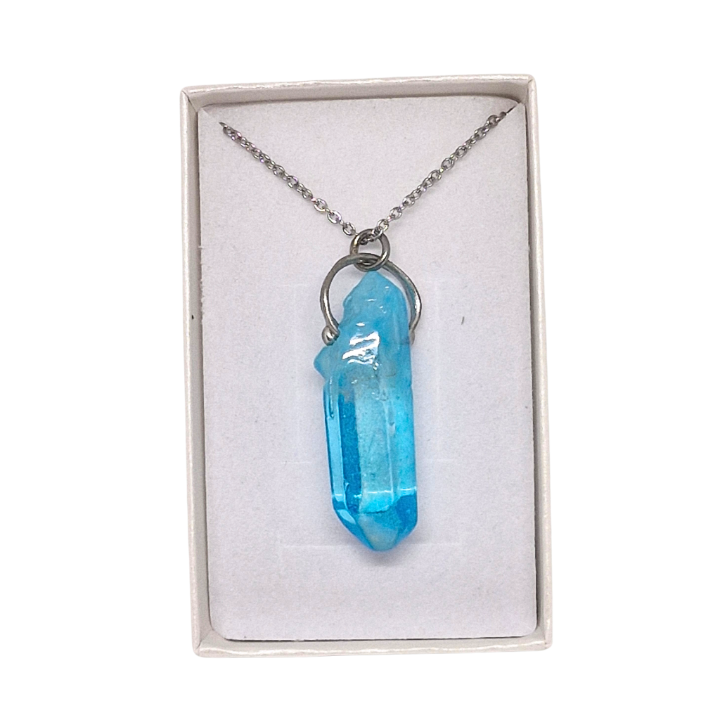 Cínovaný Aqua aura křišťál - hrot Blue Moon (unikátní parťák pro cestu životem)