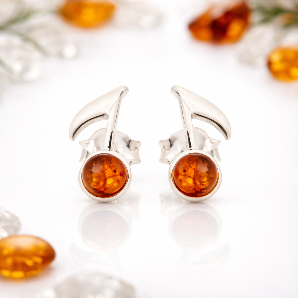 Stříbrné náušnice s jantarem – Noty (pravý jantar, stříbro)