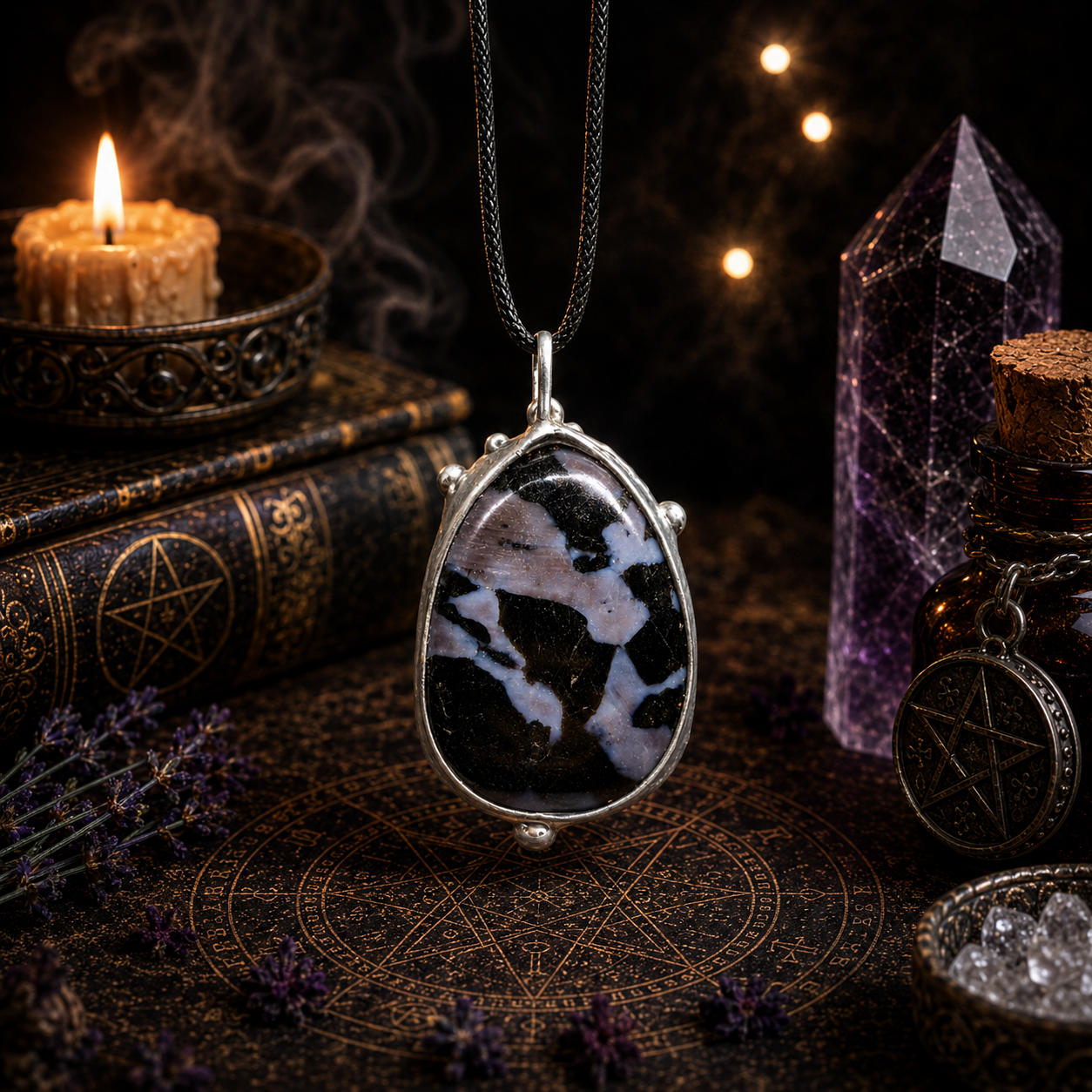 Cínovaný merlinit s granátky (ochranný talisman)
