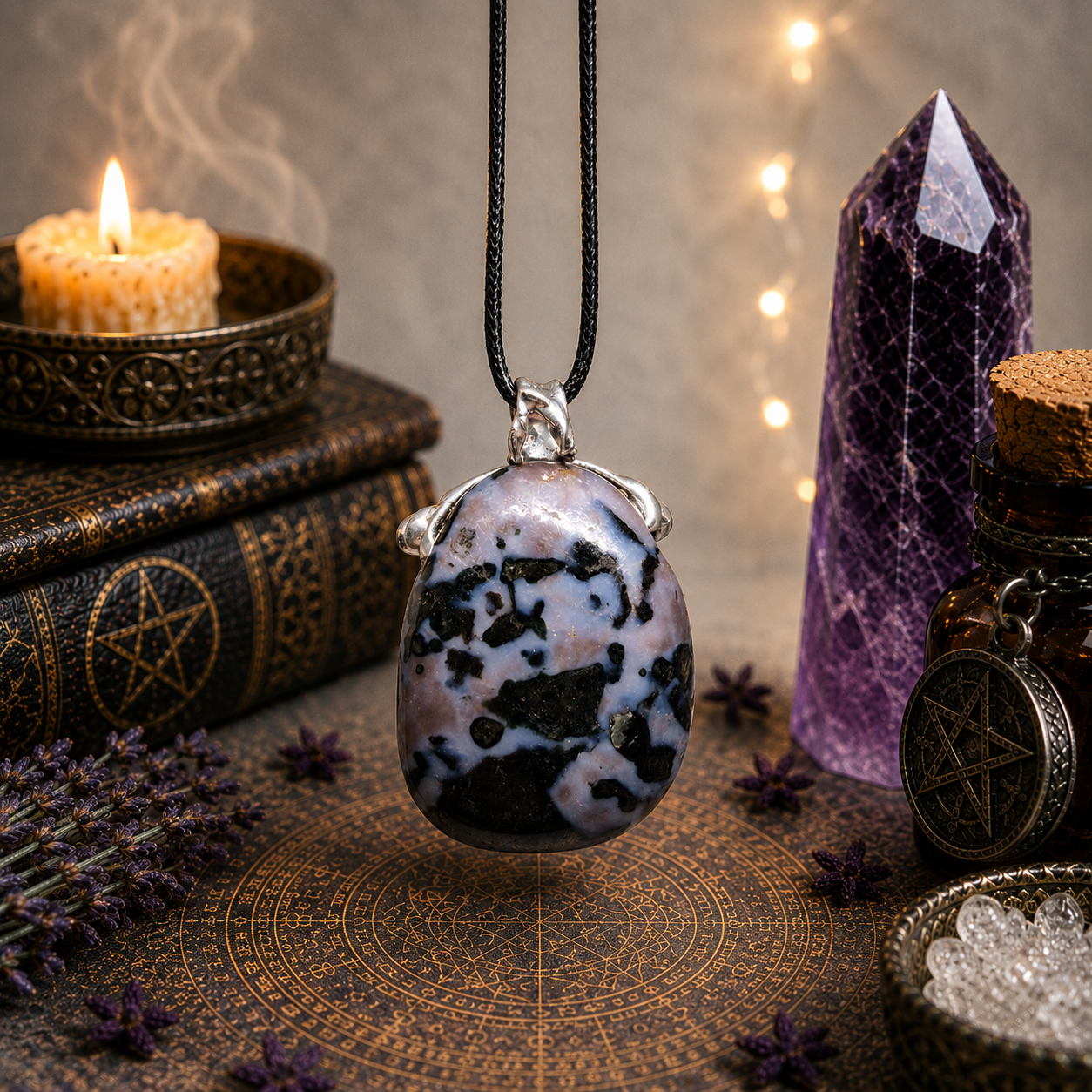 Cínovaný merlinit s granátky (ochranný talisman)