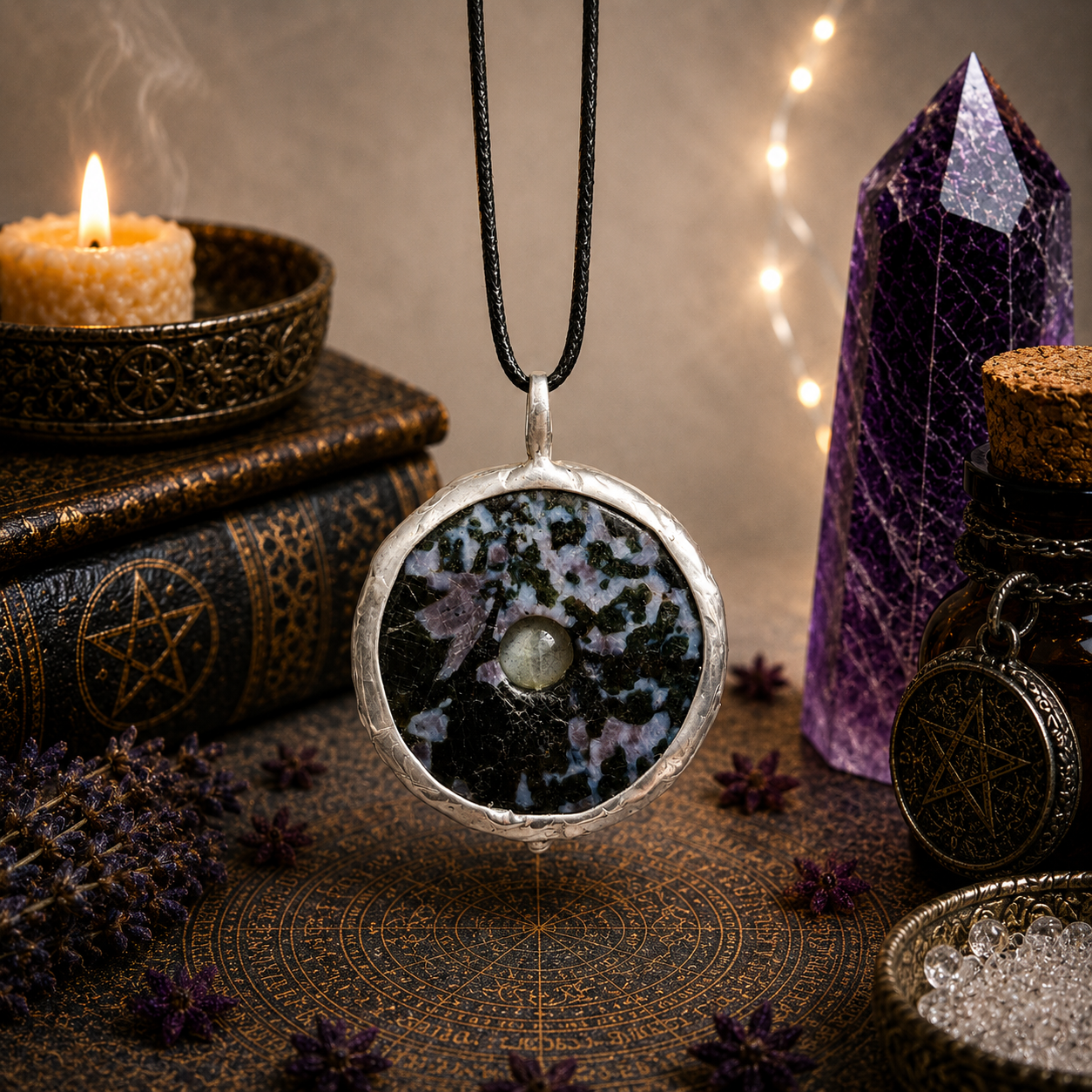 Cínovaný merlinit s labradoritem (ochranný talisman)