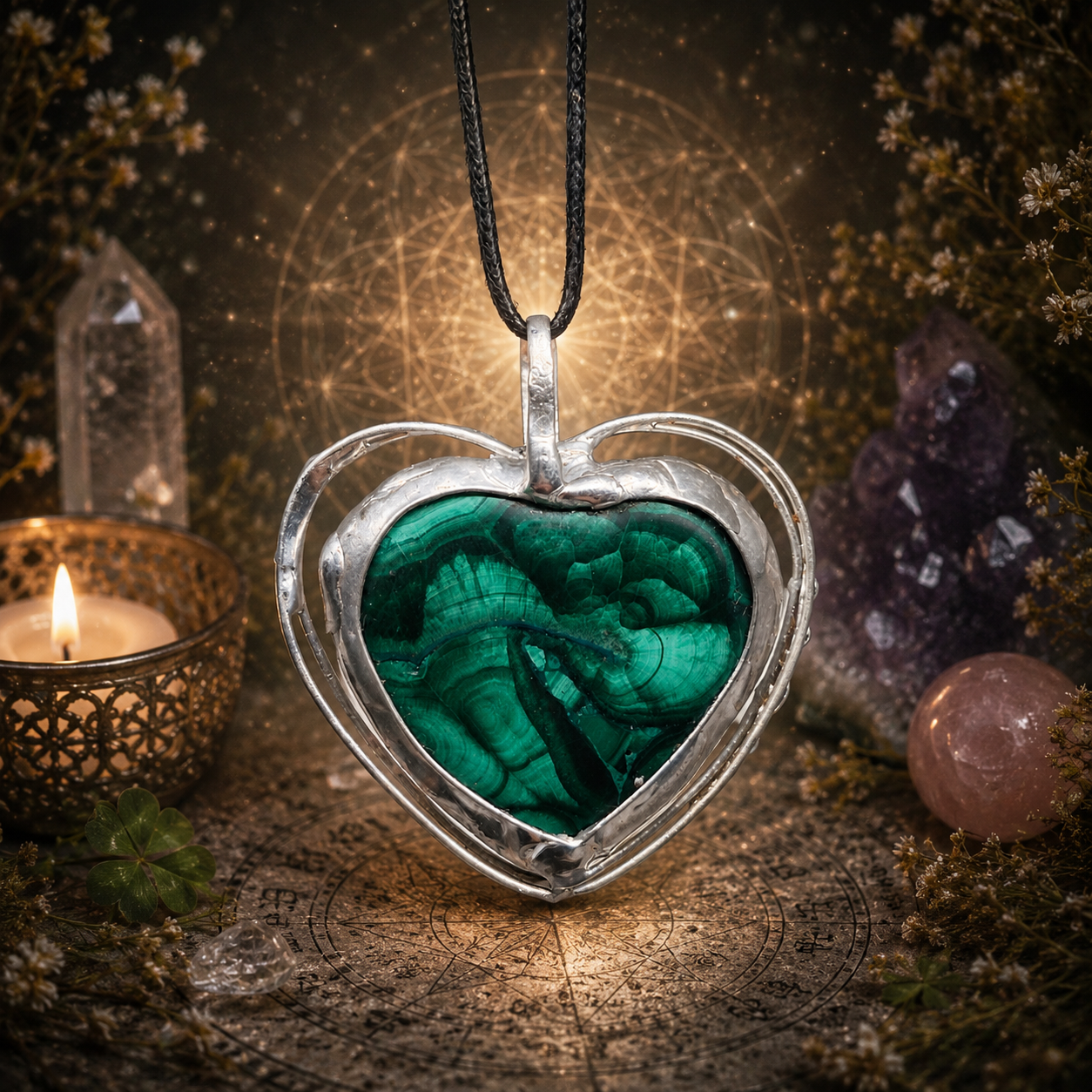 Cínované malachitové srdce (ochranný talisman)