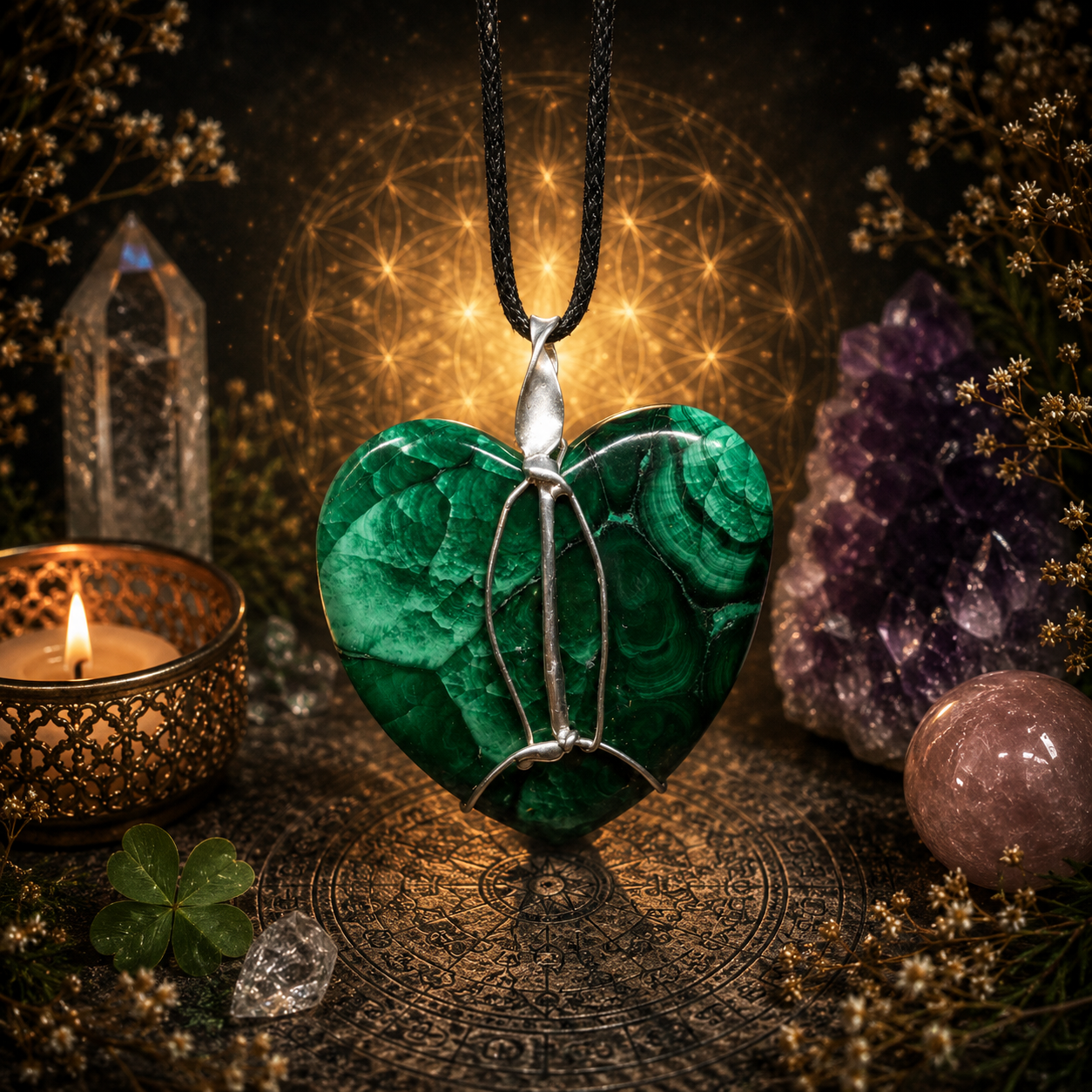 Cínované malachitové srdce (ochranný talisman)