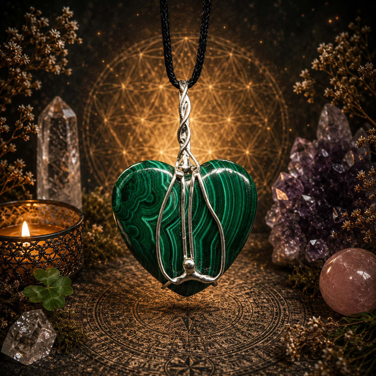 Cínované malachitové srdce (ochranný talisman)