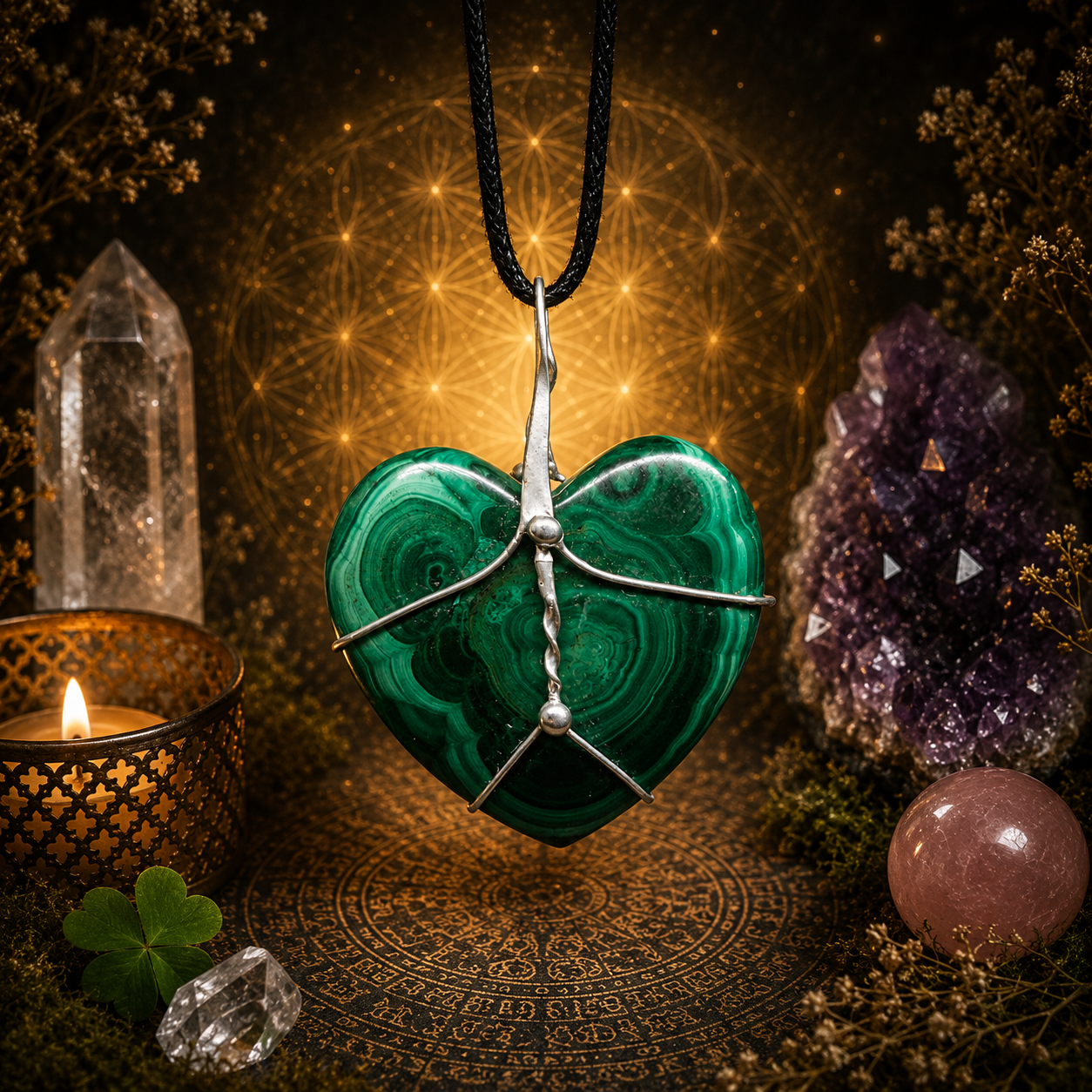 Cínované malachitové srdce (ochranný talisman)