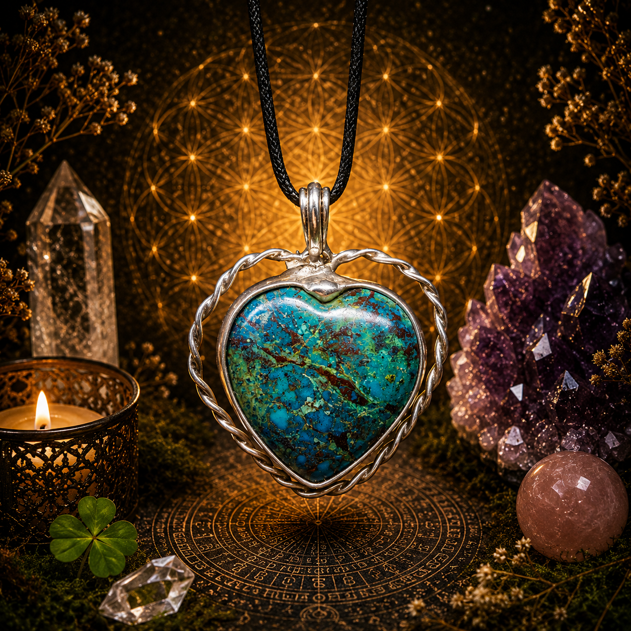 Cínované chryzokolové srdce (ochranný talisman)