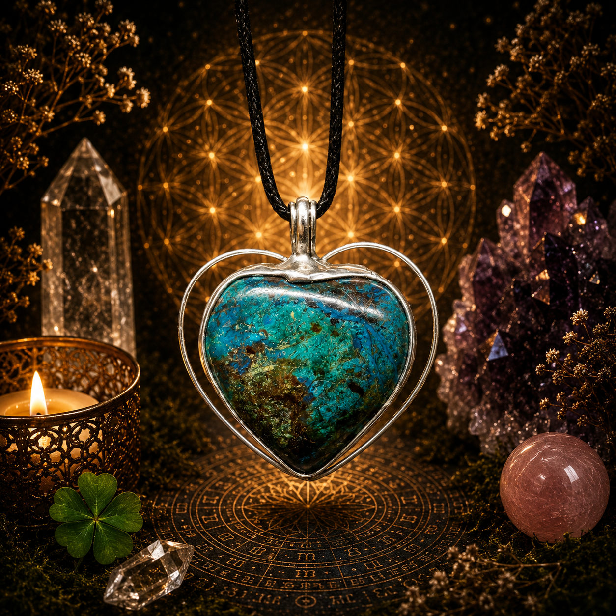 Cínované chryzokolové srdce (ochranný talisman)