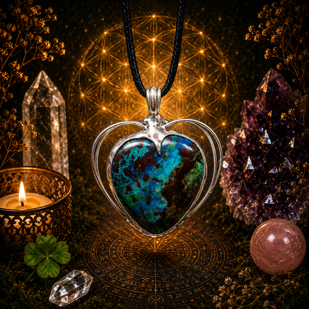 Cínované chryzokolové srdce (ochranný talisman)
