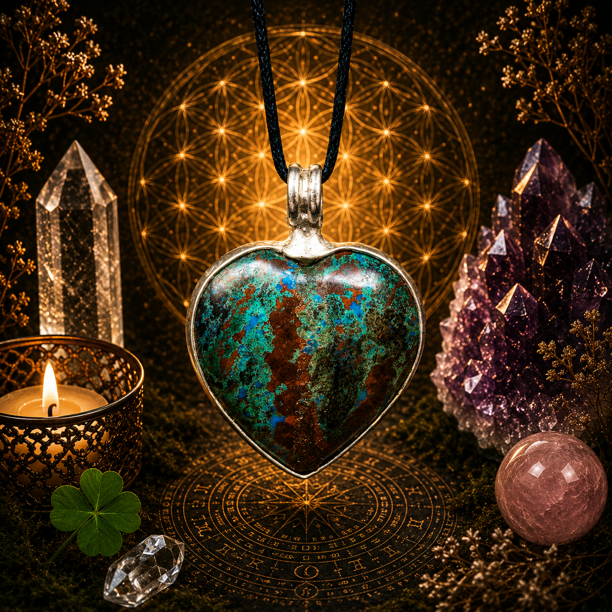 Cínované chryzokolové srdce (ochranný talisman)