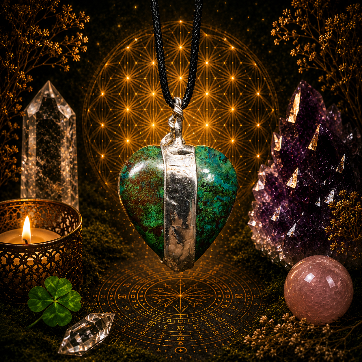 Cínované chryzokolové srdce (ochranný talisman)