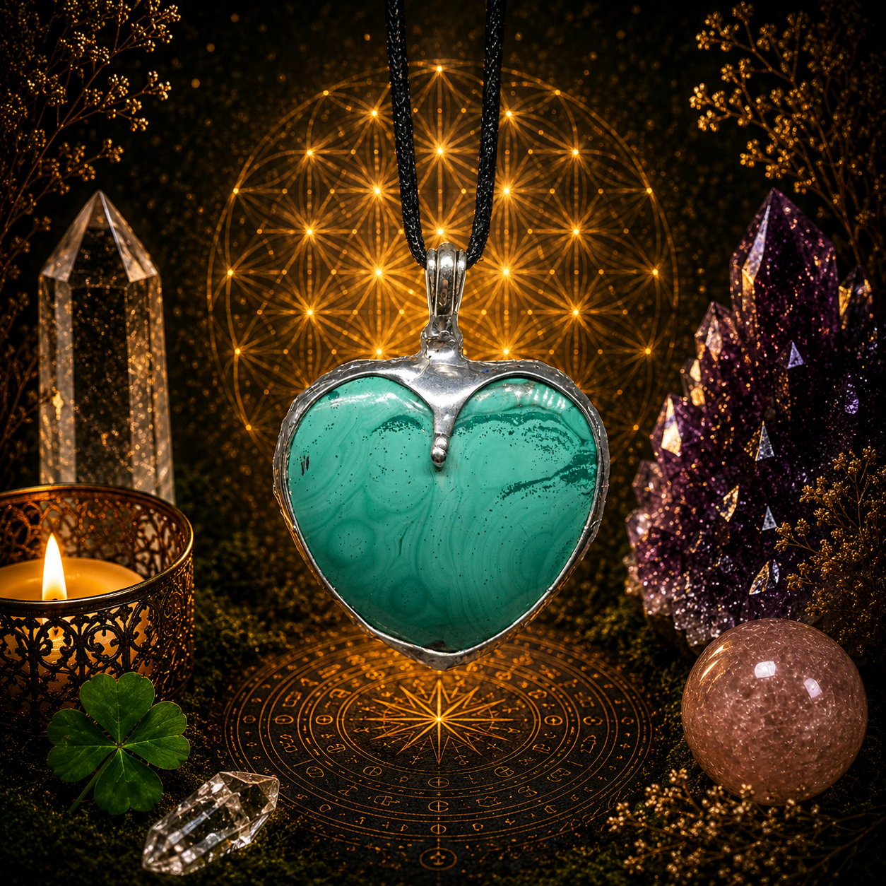 Cínované malachitové srdce - oboustranné (ochranný talisman)