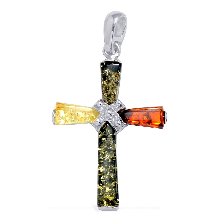 Stříbrný přívěsek s jantarem - Masivní křížek (multicolor jantar) + dárková krabička a nerezový řetízek