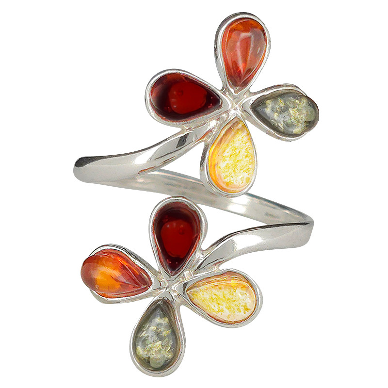 Nastavitelný stříbrný prsten s multicolor jantarem - Květiny (pravý jantar, stříbro)