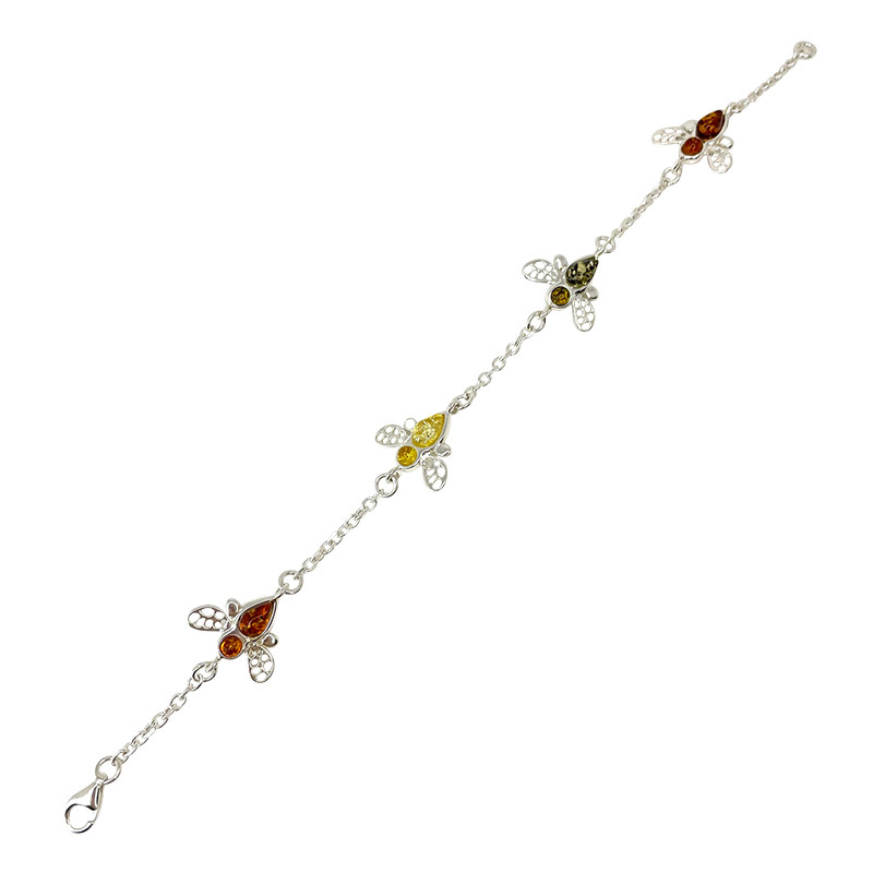 Stříbrný náramek s multicolor jantarem - Včely 17,5 cm (pravý jantar, stříbro)
