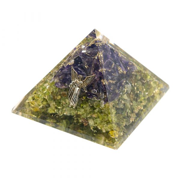 Orgonitová pyramida s peridotem a ametystem - Archanděl Rafael (7x7x6 cm)