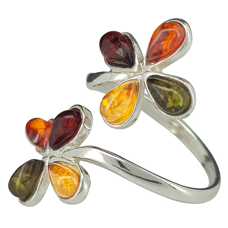 Nastavitelný stříbrný prsten s multicolor jantarem - Květiny (pravý jantar, stříbro)