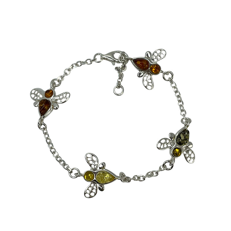 Stříbrný náramek s multicolor jantarem - Včely 17,5 cm (pravý jantar, stříbro)