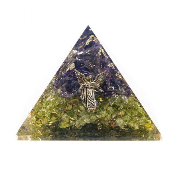 Orgonitová pyramida s peridotem a ametystem - Archanděl Rafael (7x7x6 cm)