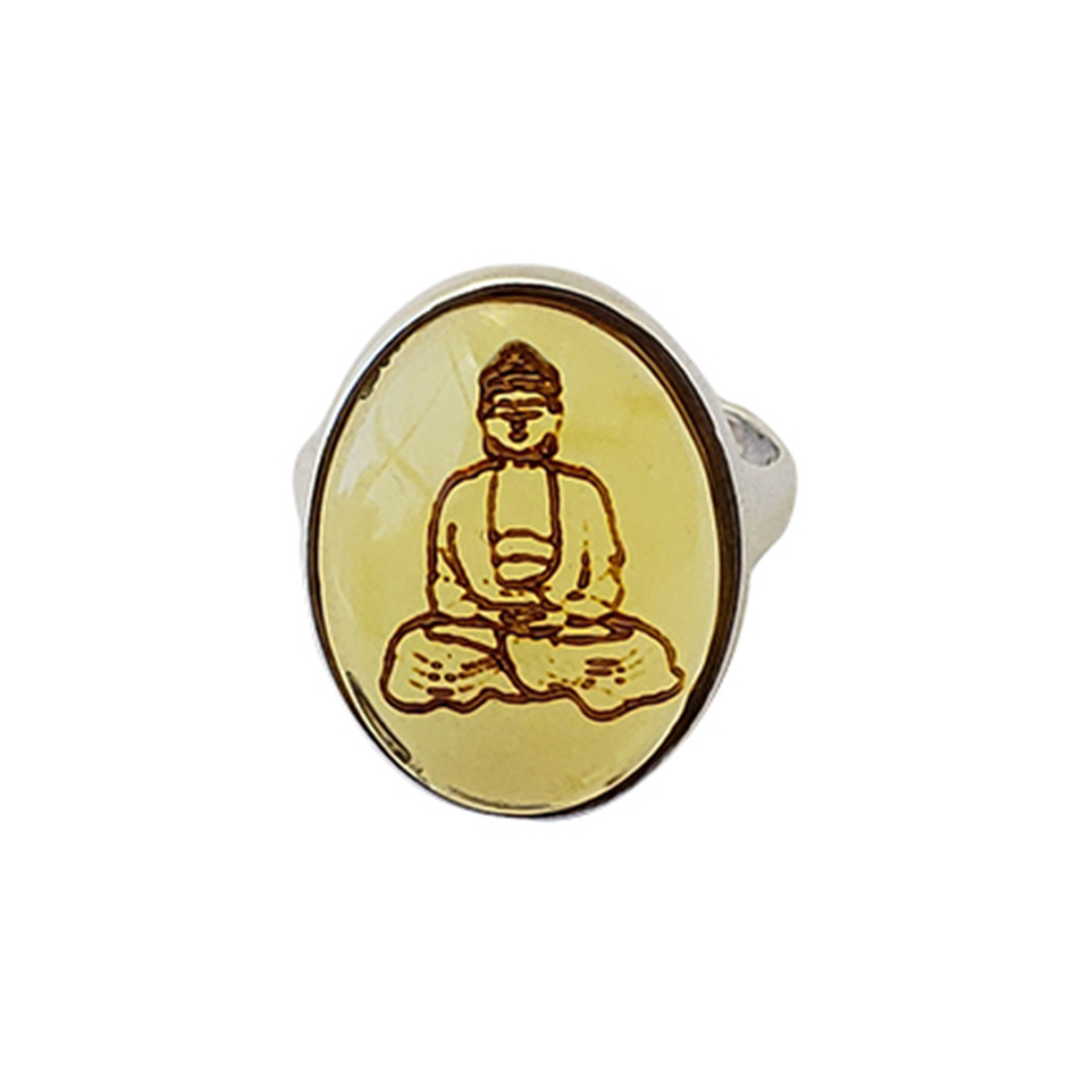 Nastavitelný masivní stříbrný prsten s jantarem - Buddha (hlubotisk) (pravý jantar, stříbro)