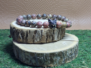 Pánský náramek síly a ochrany s vlkem (leopardí jaspis, nerezová ocel)