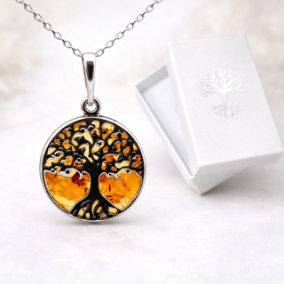 Stříbrný přívěsek s jantarem - Strom života (ochrana, zdraví) + dárková krabička a nerezový řetízek