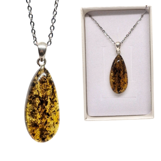 Jantarový přívěsek - Fénixova slza (2,8x1,3 cm) + dárková krabička a nerezový řetízek