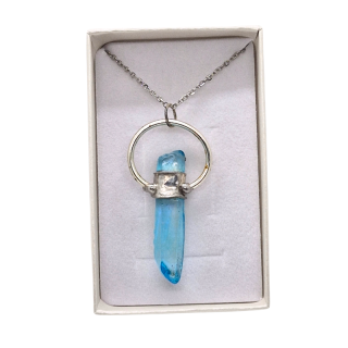 Cínovaný Aqua aura křišťál - hrot Blue Moon (unikátní parťák pro cestu životem)