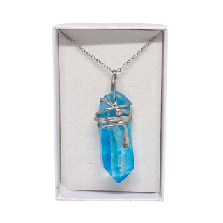 Cínovaný Aqua aura křišťál - hrot Blue Moon (unikátní parťák pro cestu životem)