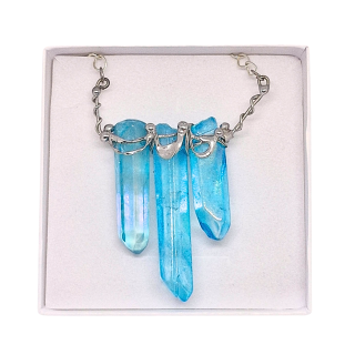 Trojitý cínovaný Aqua aura křišťál - hroty Blue Moon (unikátní parťák pro cestu životem)
