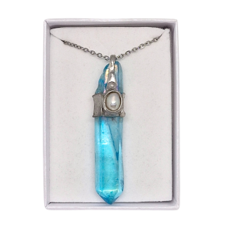 Cínovaný Aqua aura křišťál - hrot Blue Moon (unikátní parťák pro cestu životem)