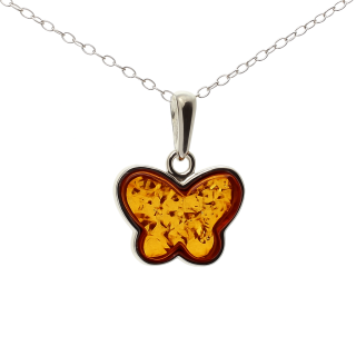 Přívěsek s jantarovým motýlem ve stříbře (pravý jantar, stříbro) + dárková krabička a nerezový řetízek