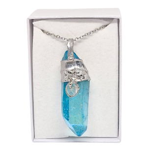 Cínovaný Aqua aura křišťál - hrot Blue Moon (unikátní parťák pro cestu životem)