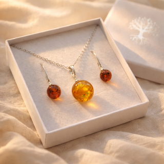 Sada stříbrných šperků - Jantarové koule (energie, zdraví) + dárková krabička a nerezový řetízek