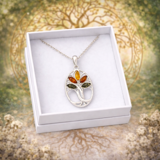 Stříbrný přívěsek s jantarem - Strom života + dárková krabička a nerezový řetízek