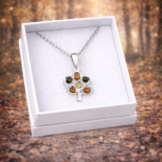 Stříbrný přívěsek s jantarem - Strom + dárková krabička a nerezový řetízek