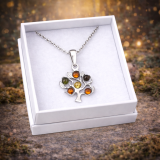 Stříbrný přívěsek s jantarem - Strom + dárková krabička a nerezový řetízek