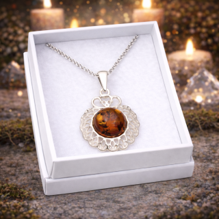 Stříbrný přívěsek s jantarem - Ochranný štít II. + dárková krabička a nerezový řetízek