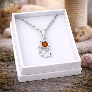 Stříbrný přívěsek s jantarem - Kočka + dárková krabička a nerezový řetízek