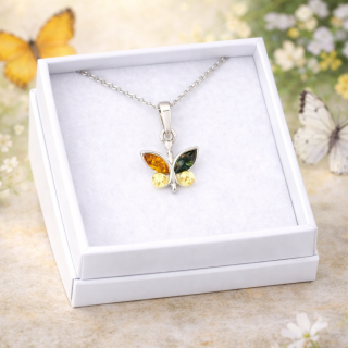Stříbrný minimalistický přívěsek s jantarem - Motýl + dárková krabička a nerezový řetízek