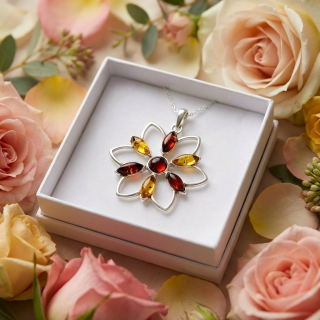 Stříbrný přívěsek s jantarem - Květ naděje + dárková krabička a nerezový řetízek