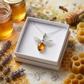 Stříbrný přívěsek s jantarem - Včela + dárková krabička a nerezový řetízek