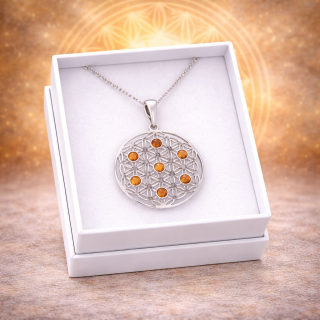 Stříbrný přívěsek s jantarem - XXL Květ života + dárková krabička a nerezový řetízek