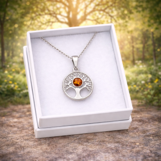Stříbrný přívěsek s jantarem - Strom života + dárková krabička a nerezový řetízek
