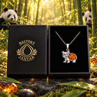 Stříbrný přívěsek s jantarem - Panda + dárková krabička a nerezový řetízek