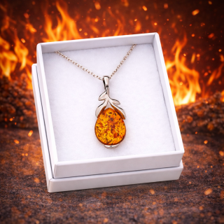 Stříbrný přívěsek s jantarem - XL Fénixova slza + dárková krabička a nerezový řetízek