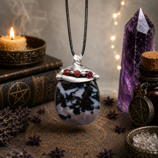 Cínovaný merlinit s granátky (ochranný talisman)