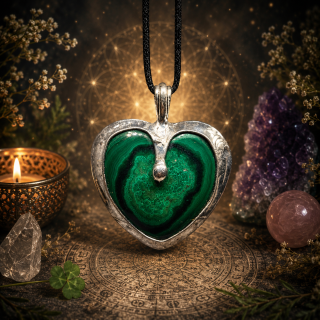Cínované malachitové srdce - oboustranné (ochranný talisman)